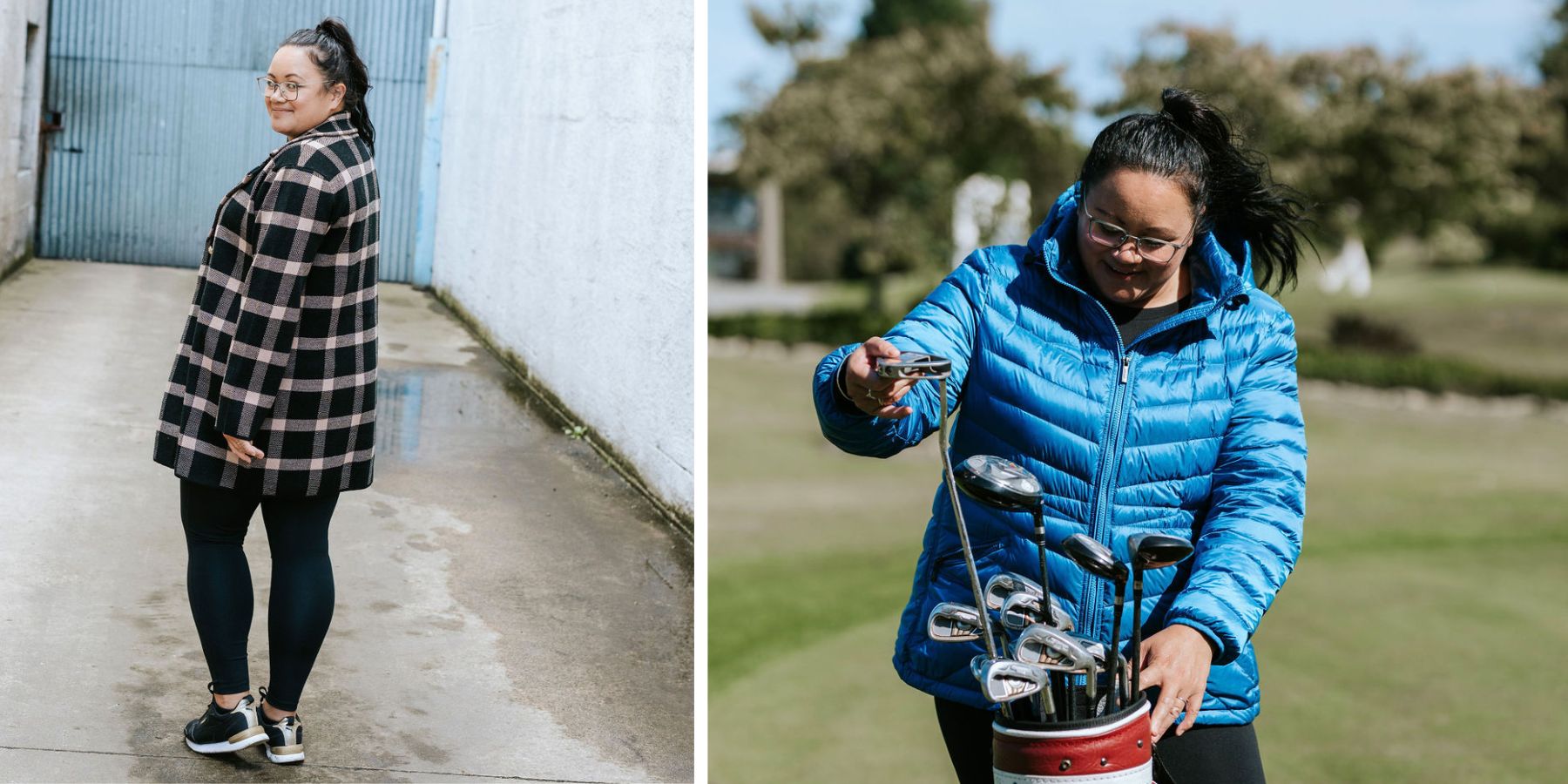 Two images: one of a person wearing a plaid coat on a sidewalk, and another of a person in a blue jacket holding golf clubs on a golf course.