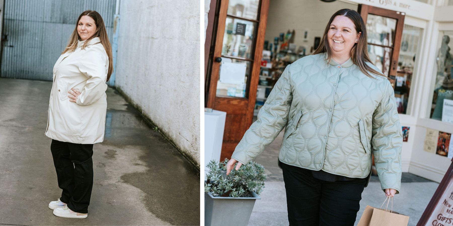 Two images of a woman wearing different jackets, one outdoors and one indoors.