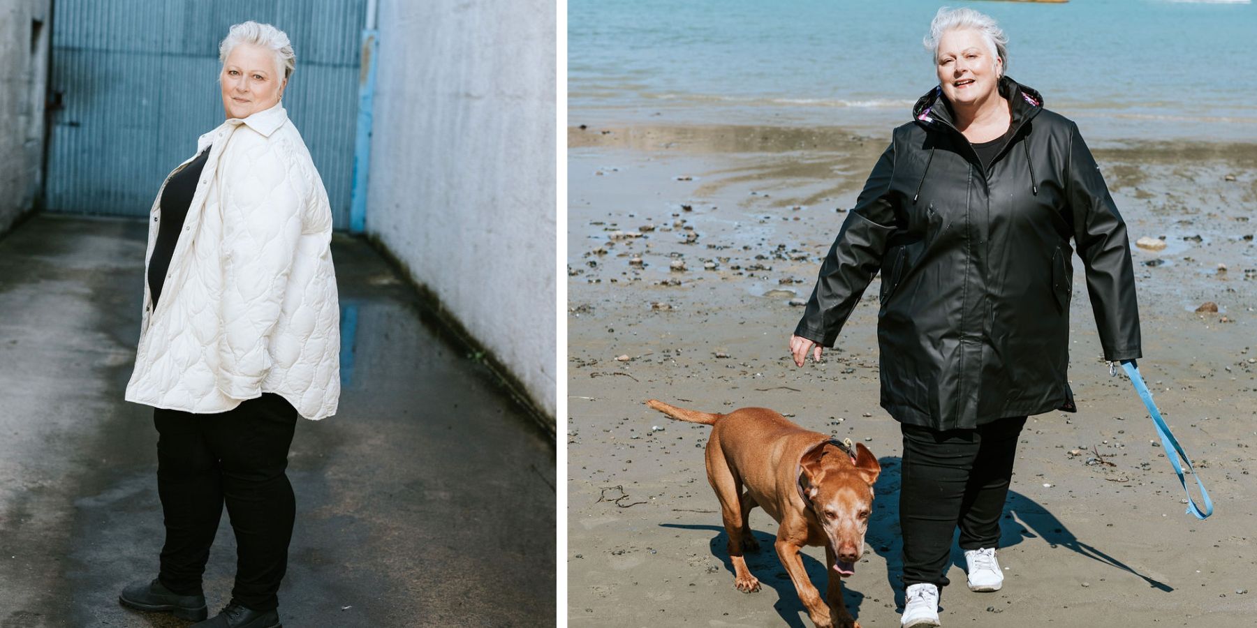 Person wearing a white coat indoors and a black raincoat outdoors with a dog.