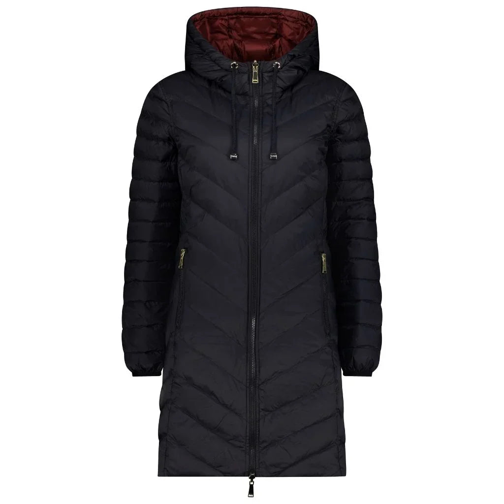 A woman's reversible down coat with a black exterior and red interior, displayed with the black side facing out.