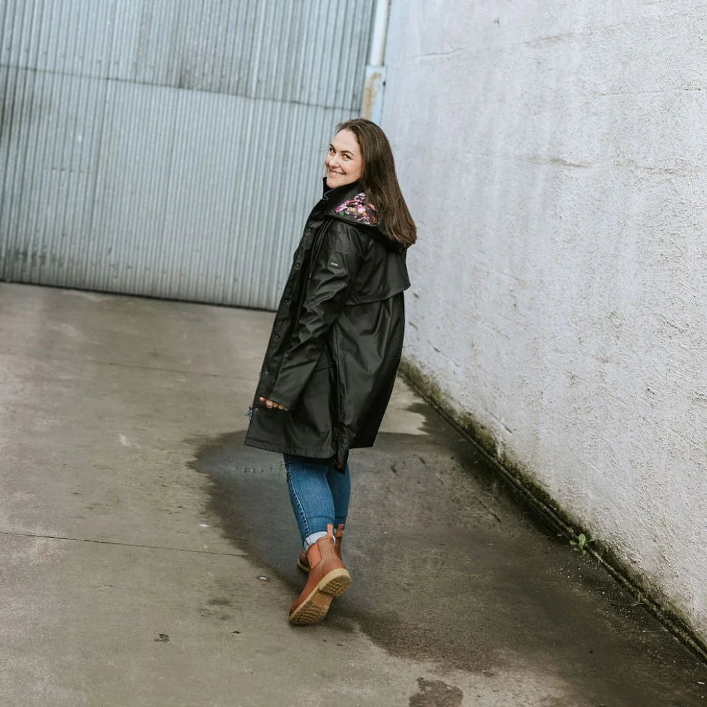 Billie Women's Rain Coat - Moke x Evie Kemp - Black with Purple Fleur