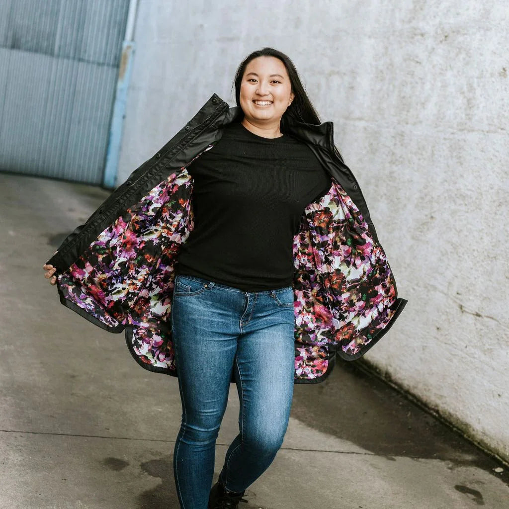 Billie Women's Rain Coat - Moke x Evie Kemp - Black with Purple Fleur