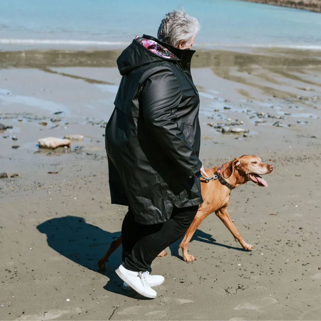 Billie Women's Rain Coat - Moke x Evie Kemp - Black with Purple Fleur