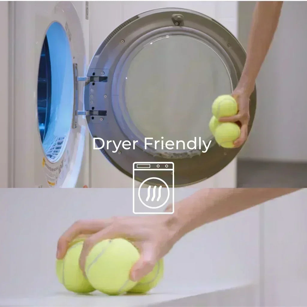 Person holding tennis balls in front of an open dryer with 'Dryer Friendly' text and icon.