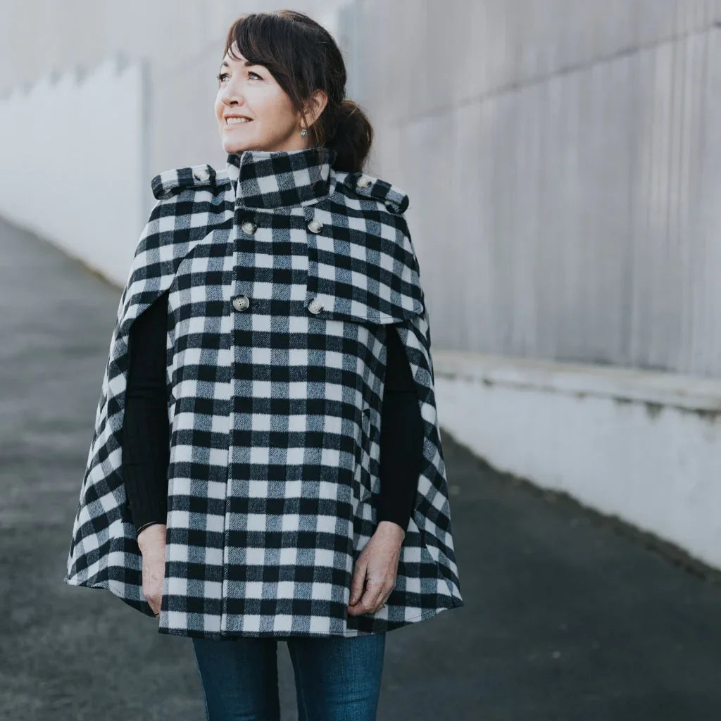 Harper Women's Wool Cape - Black & White Plaid