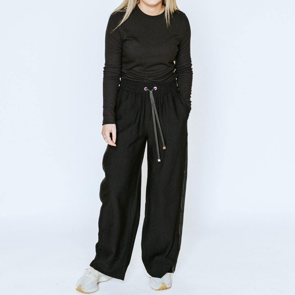 Indiana Women's Wide Leg Pants - Black with Satin