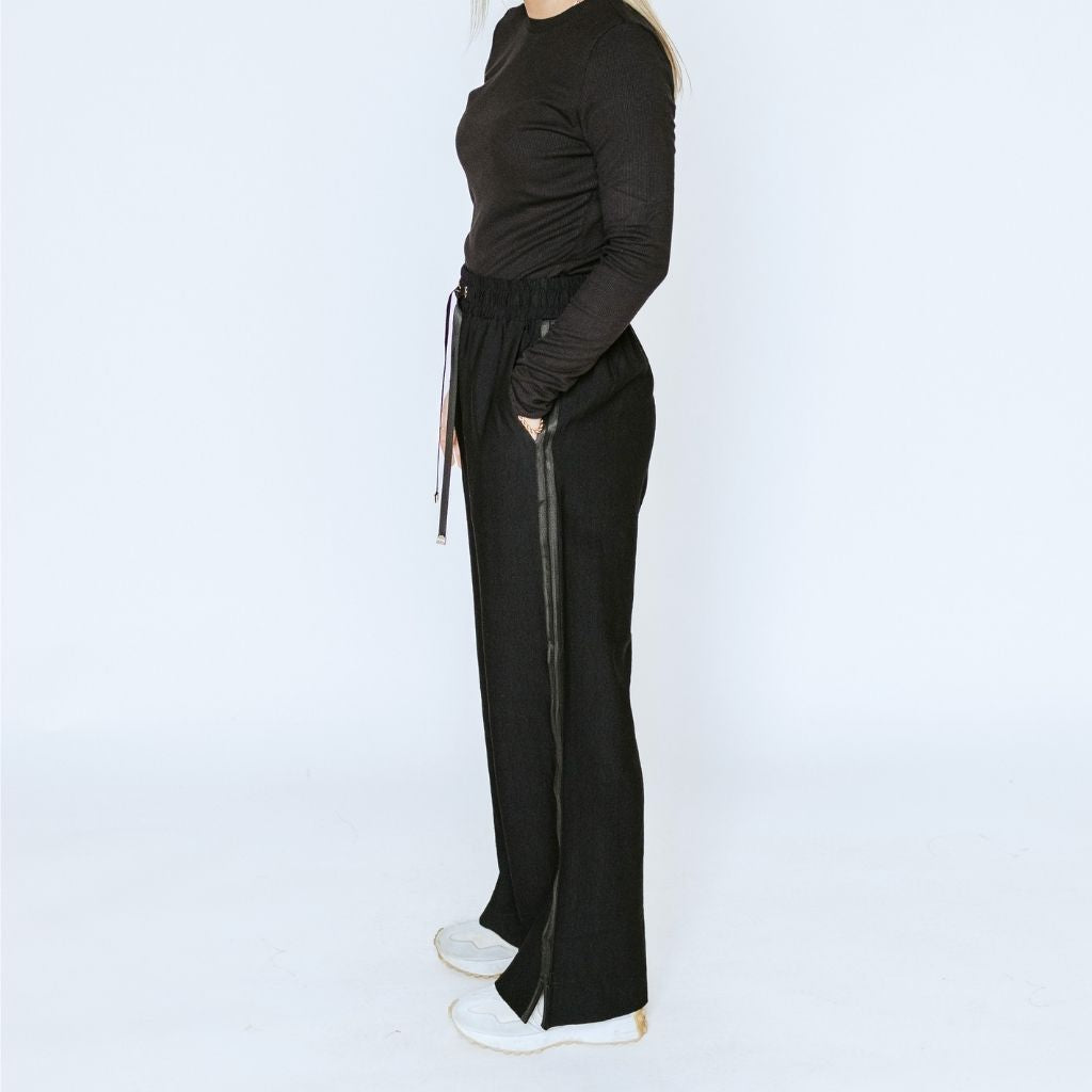 Indiana Women's Wide Leg Pants - Black with Satin