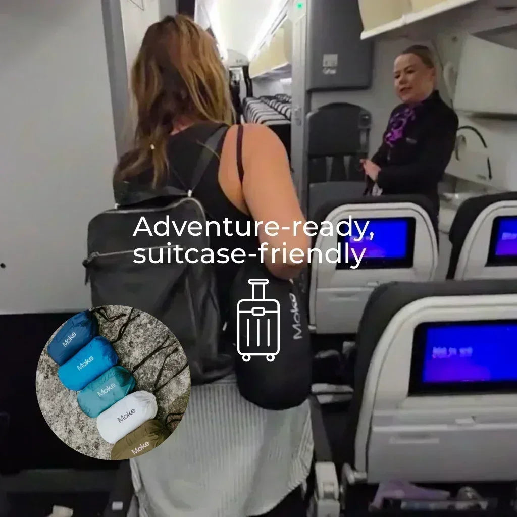 Woman with a suitcase on an airplane with text 'Adventure-ready, suitcase-friendly' and a suitcase icon.