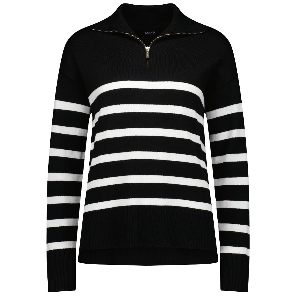Mick Women's 1/4 Zip Up Knit Sweater - Black/Ecru Stripe