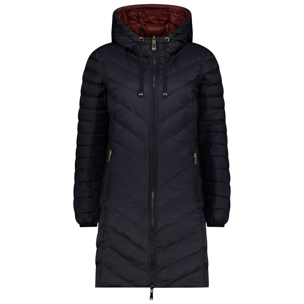 A woman's reversible down coat with a black exterior and red interior, displayed with the black side facing out.