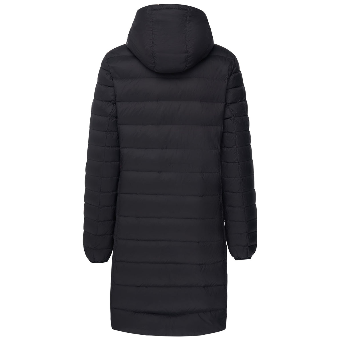 Back view of a Moke women's long black puffer coat with hood