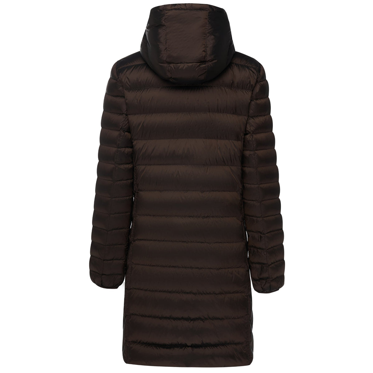 Back view of a Moke long brown quilted puffer coat with a hood