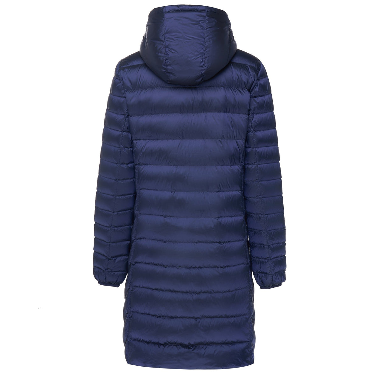 Back view of a Moke navy blue hooded long puffer coat