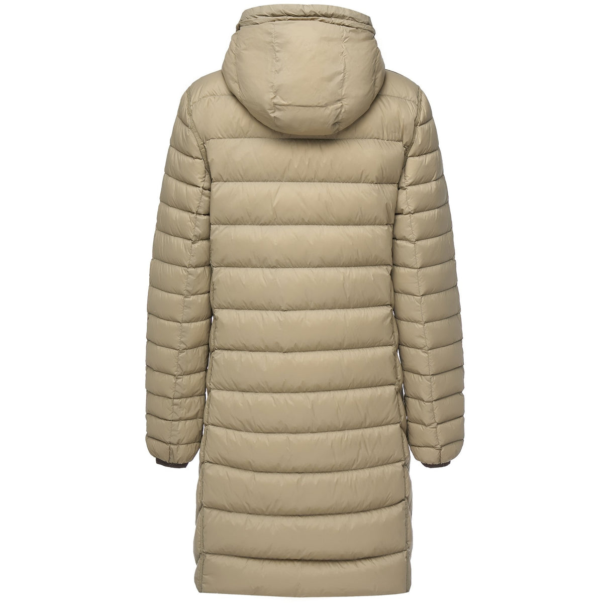 Back view of a Moke women's long beige puffer coat with a hood