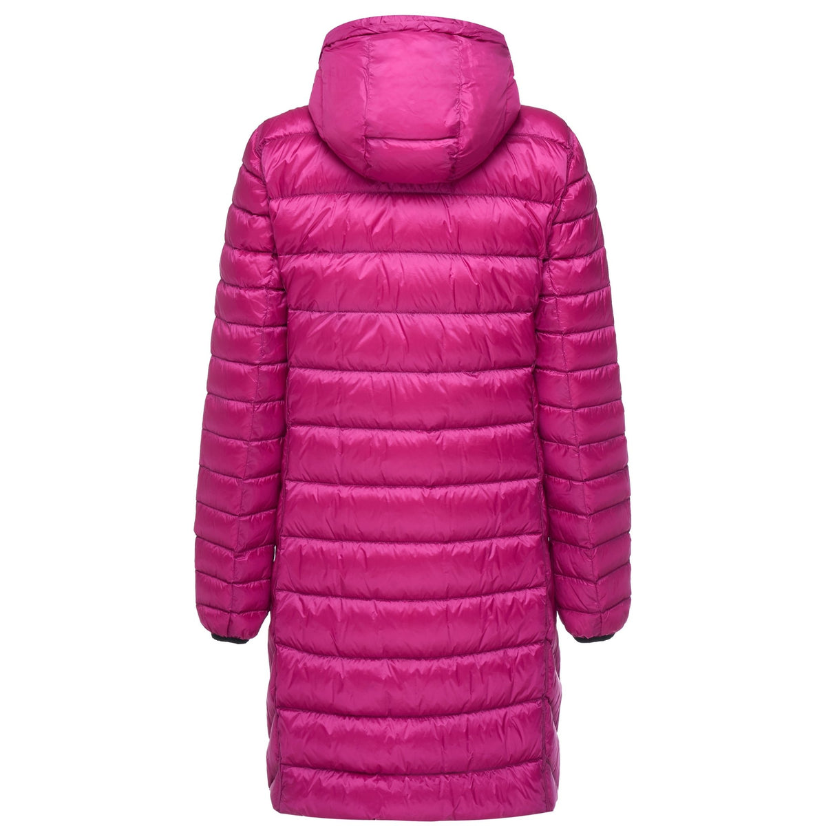 Back view of a Moke long magenta puffer jacket with a hood