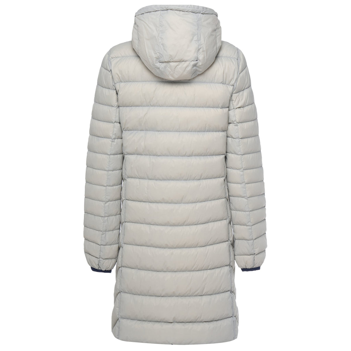 Back view of a Moke light grey long hooded puffer coat for women