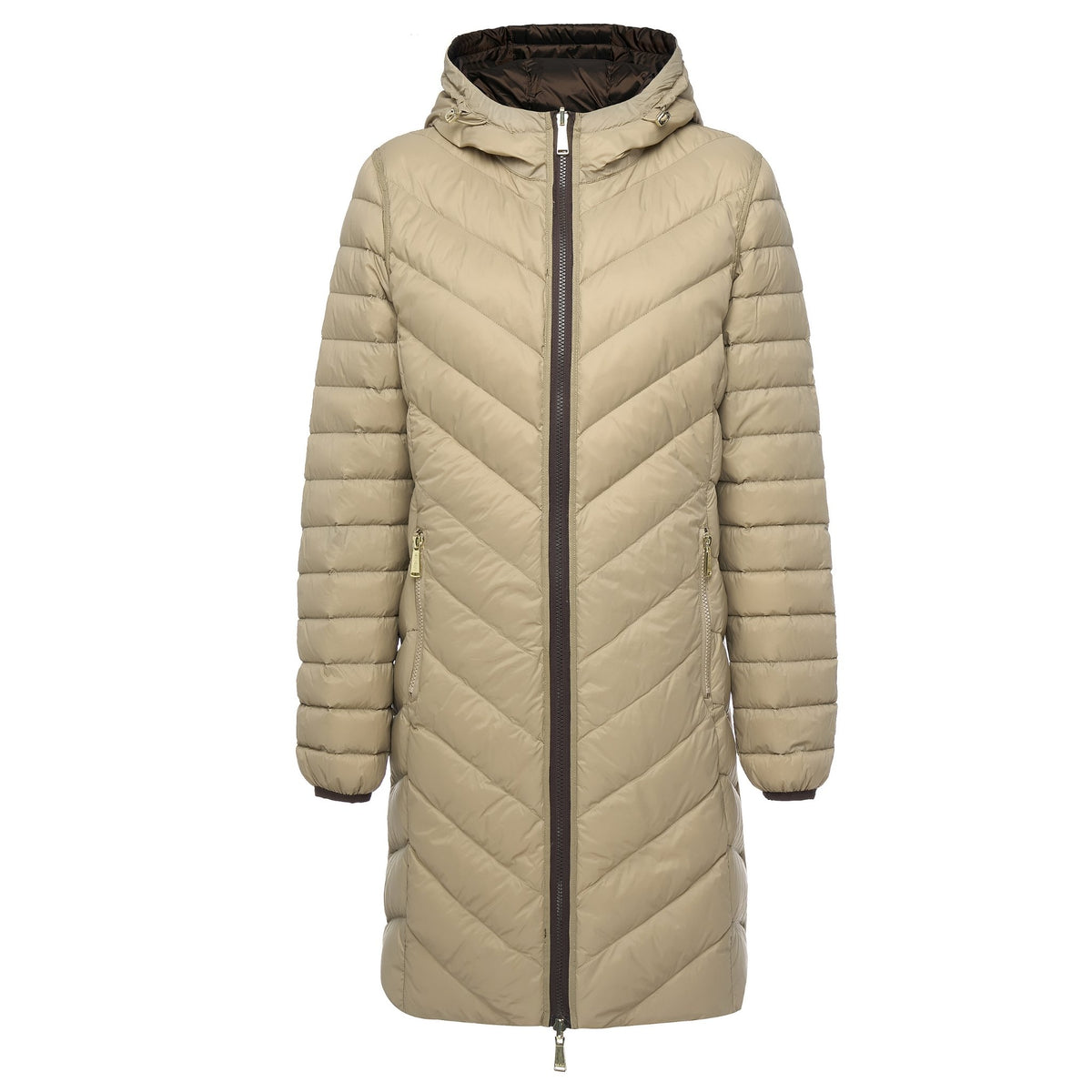 Moke women's beige long puffer coat with a hood and chevron quilting.