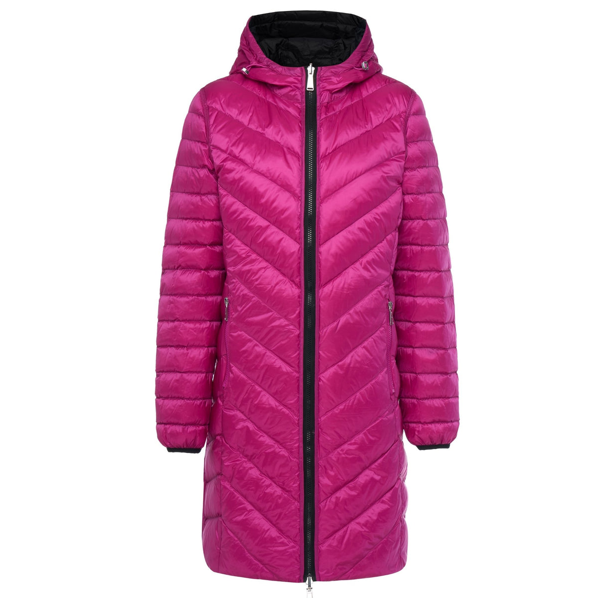 Moke women's magenta longline puffer jacket with hood and chevron quilting