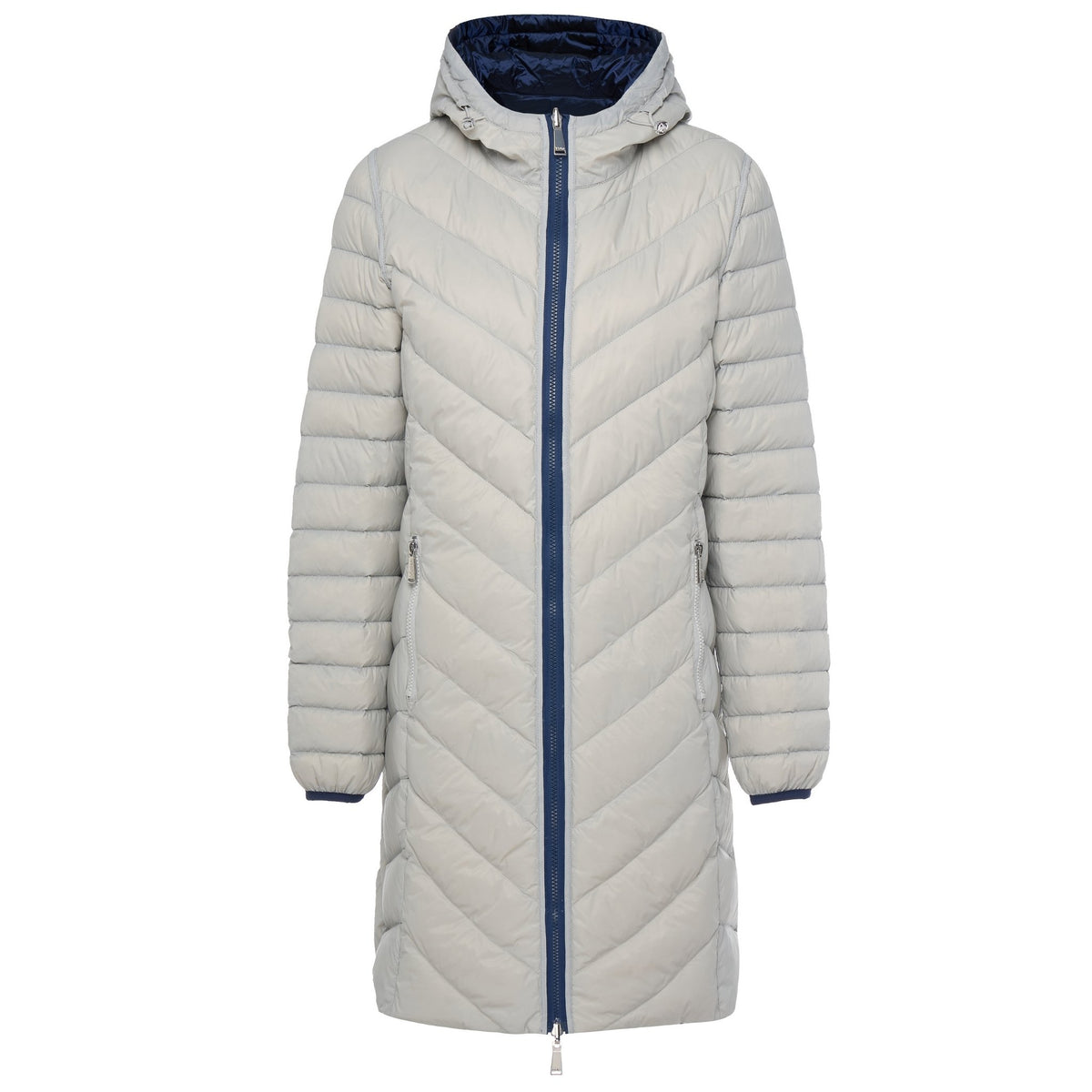 Moke women's light grey quilted puffer coat with blue zipper and hood