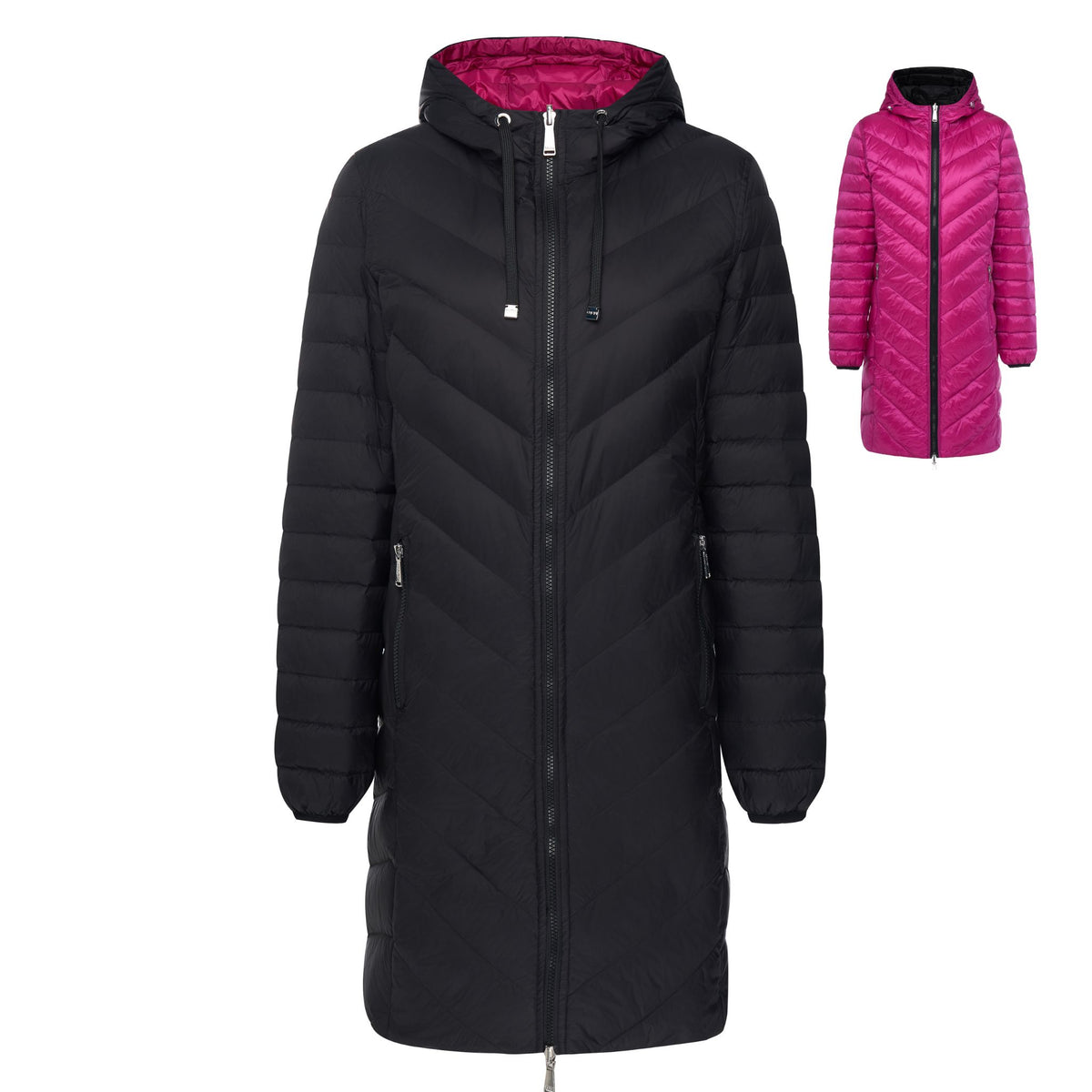 Moke women's long quilted puffer jacket in black and magenta pink