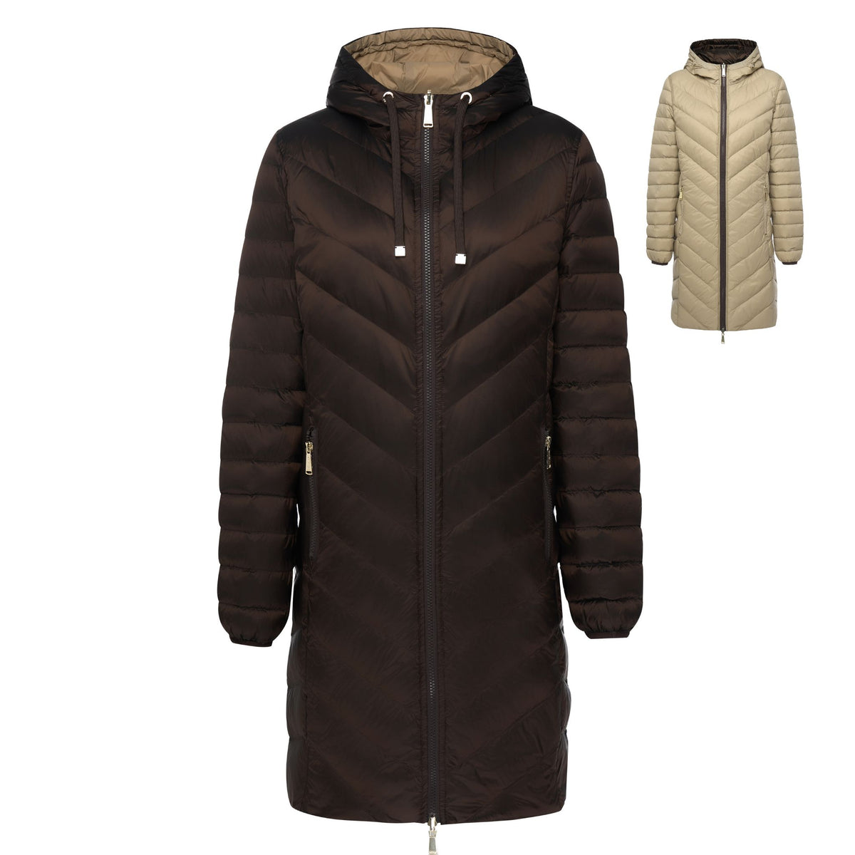 Moke women's long quilted puffer jacket in dark brown and beige options.