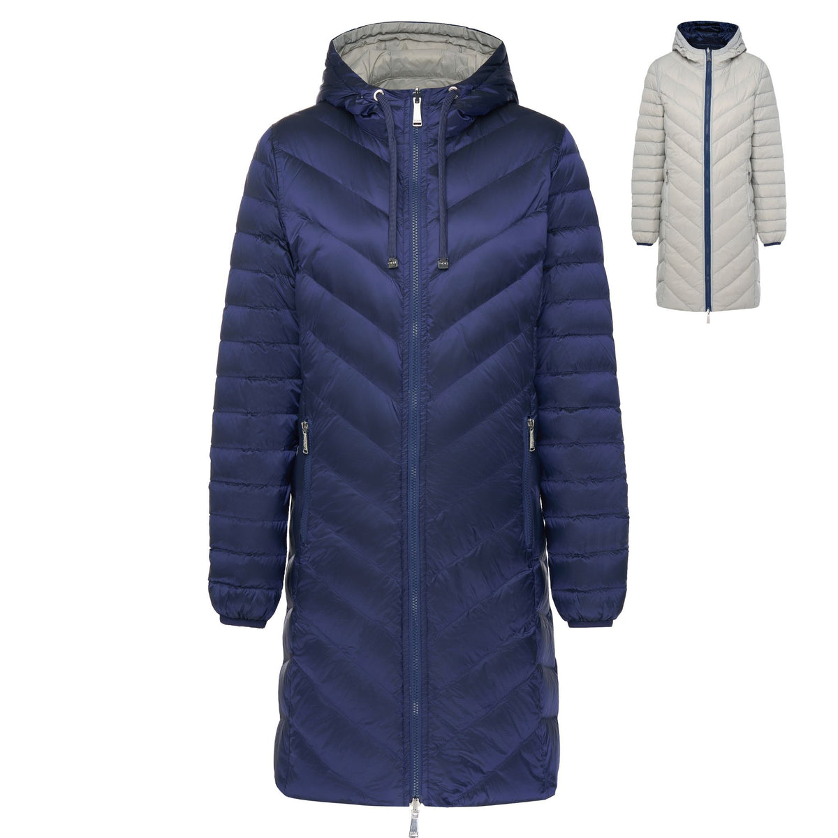 Moke long navy blue puffer coat with hood and matching light grey version.