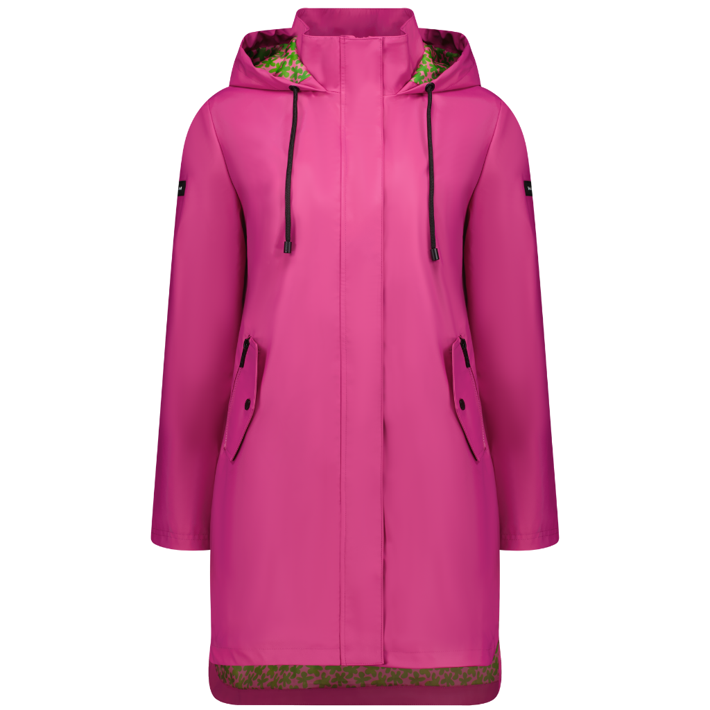 Billie Women&#39;s Rain Coat - Moke x Evie Kemp - Viva Magenta with Flower Meadow