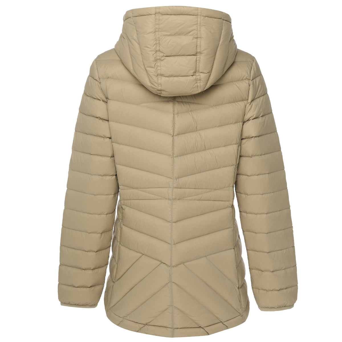 Back view of a beige Moke women's hooded puffer jacket with chevron quilting.