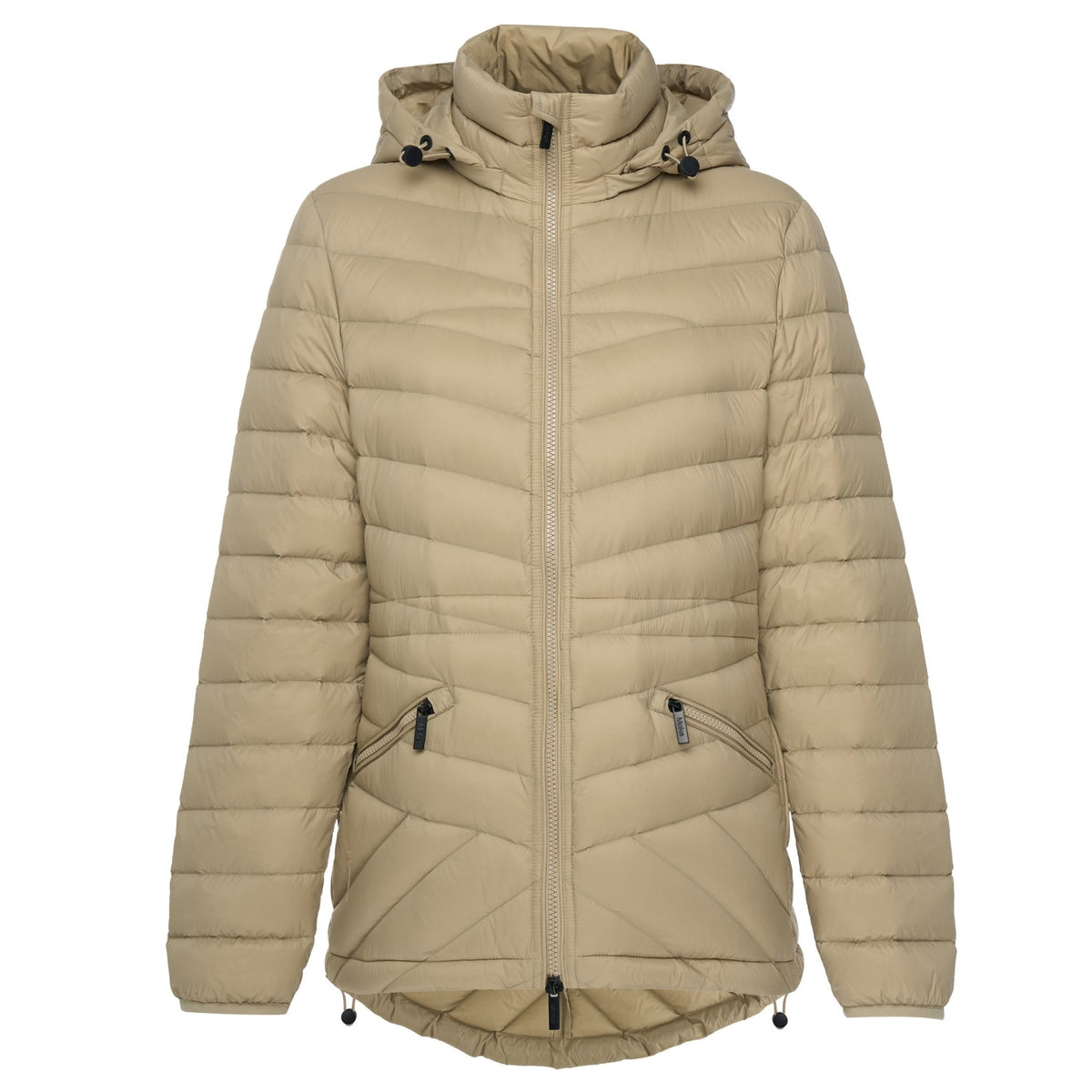 Moke beige women's hooded puffer jacket with chevron quilting and zip pockets