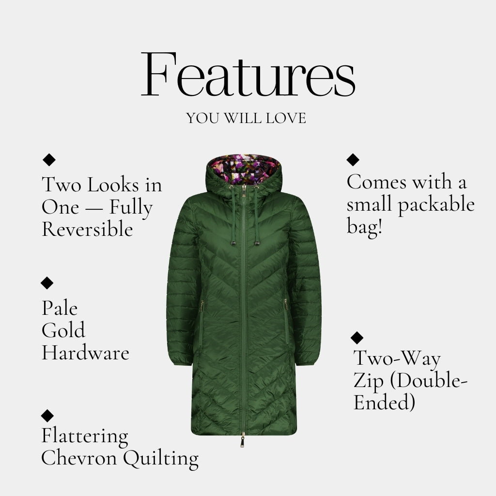 Arnie Women&#39;s 90/10 Reversible Down Coat - Cypress/Purple Fleur