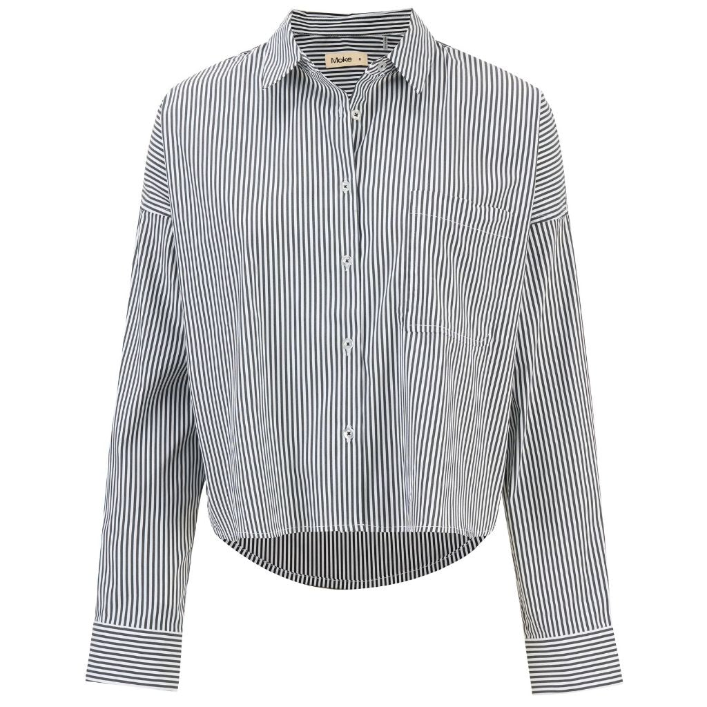 Moke women's blue and white vertical striped cropped long sleeve button-down shirt