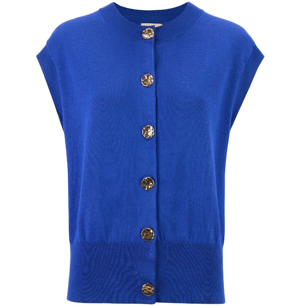 Moke royal blue cap sleeve knit cardigan with decorative gold buttons