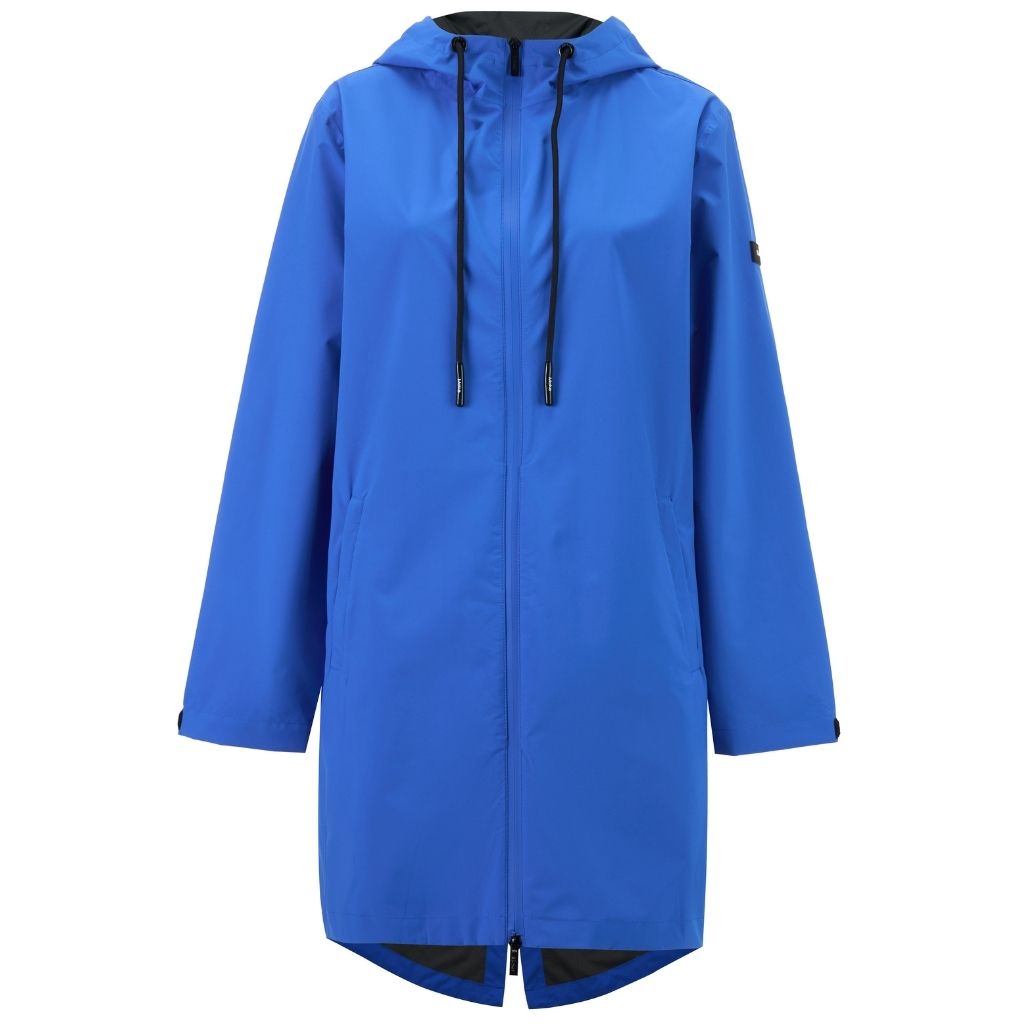 Moke royal blue women's hooded rain jacket with zip closure