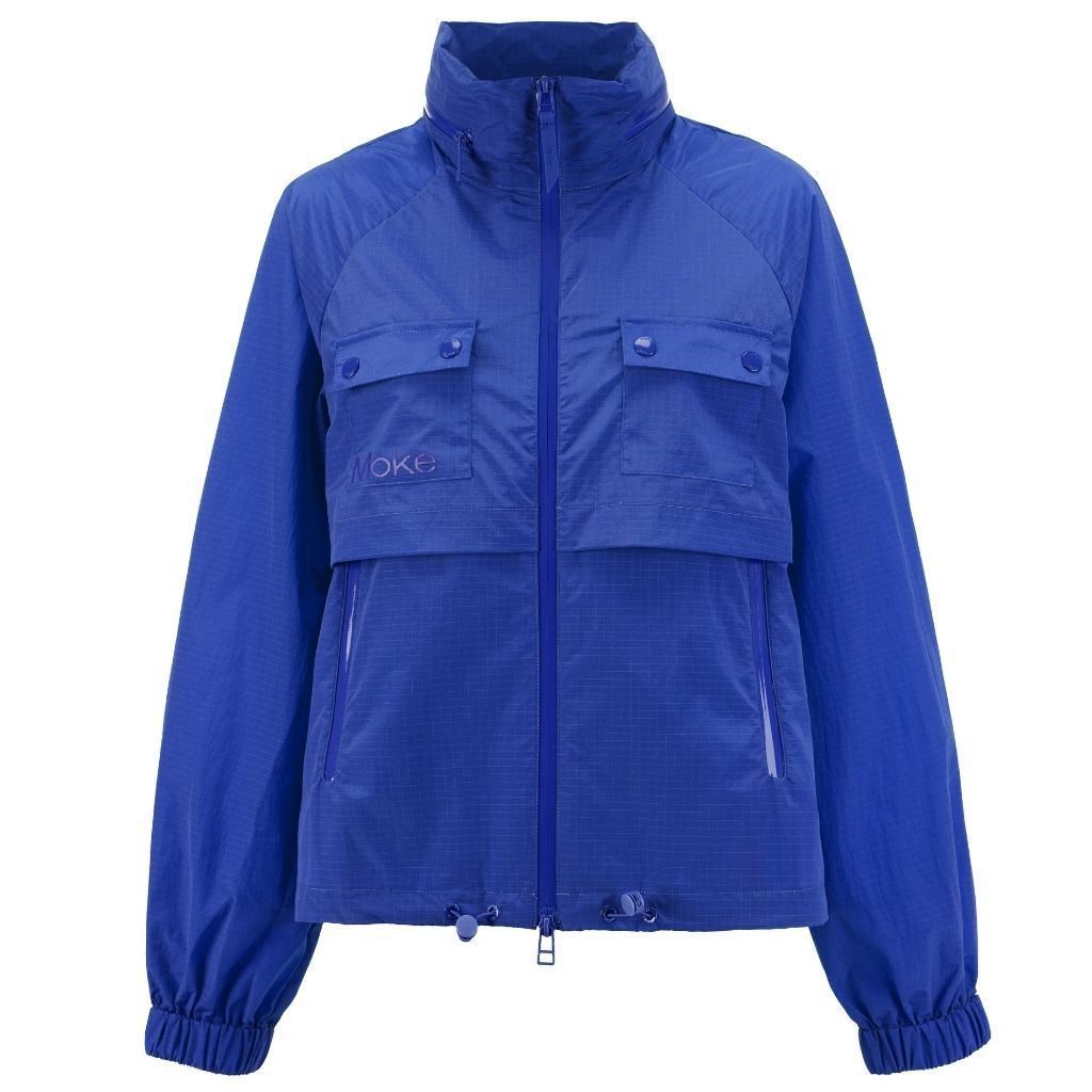 Royal blue Moke women's lightweight rain jacket with front pockets and zip closure.