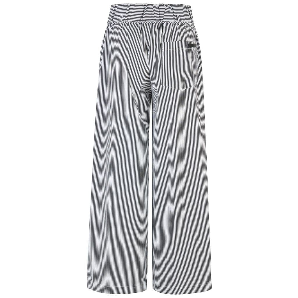Moke women's wide-leg trousers with navy and white vertical stripes and drawstring waist.
