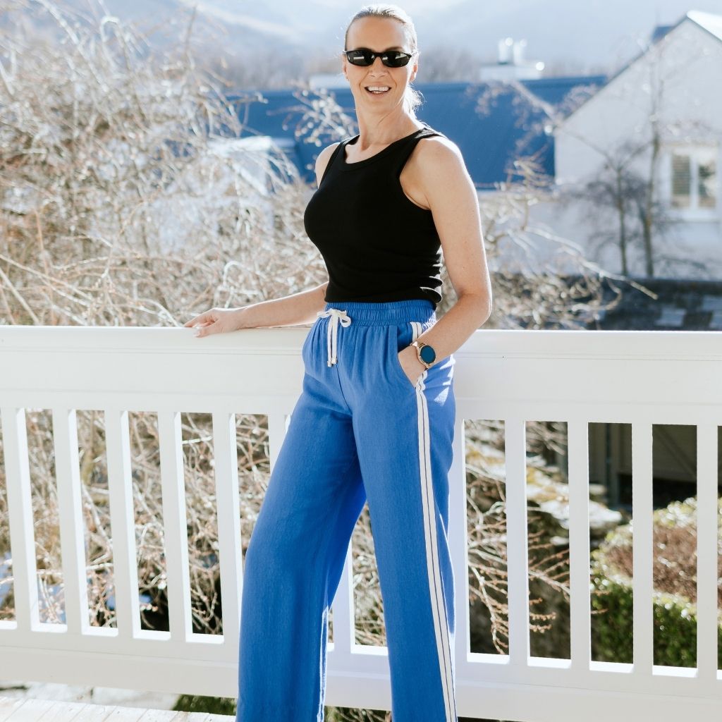 Indiana Women's Wide Leg Pants | Dazzling Blue with Cream Side Stripes