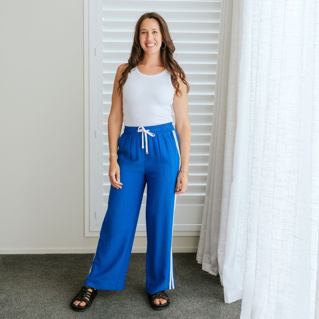 Indiana Women's Wide Leg Pants | Dazzling Blue with Cream Side Stripes