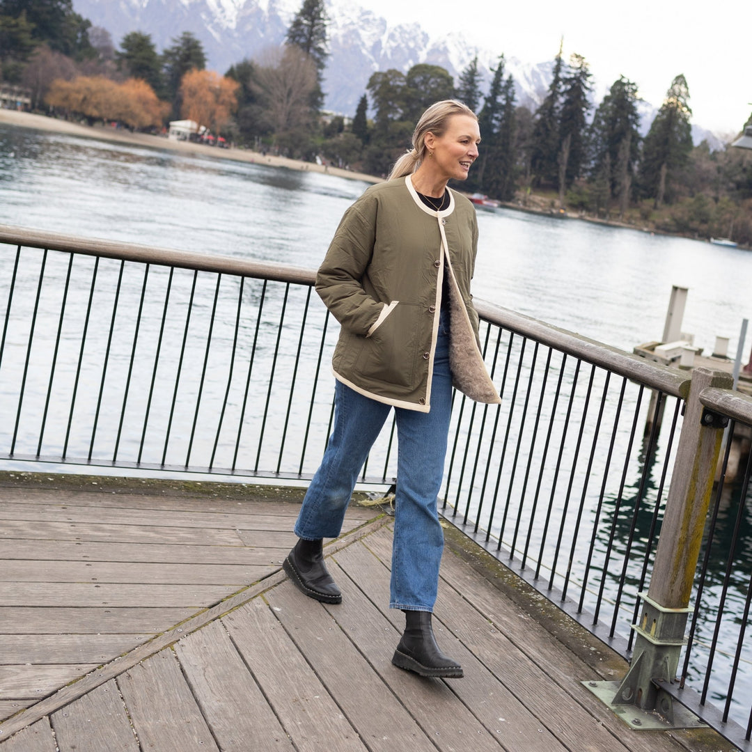 Juniper Reversible Faux Shearling Jacket - Olive Green/Cream