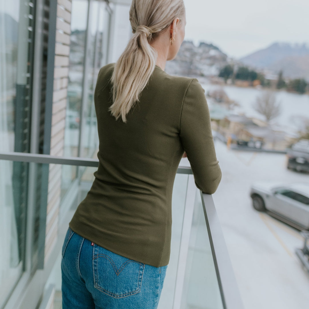 Lina ribbed long sleeve top in olive green