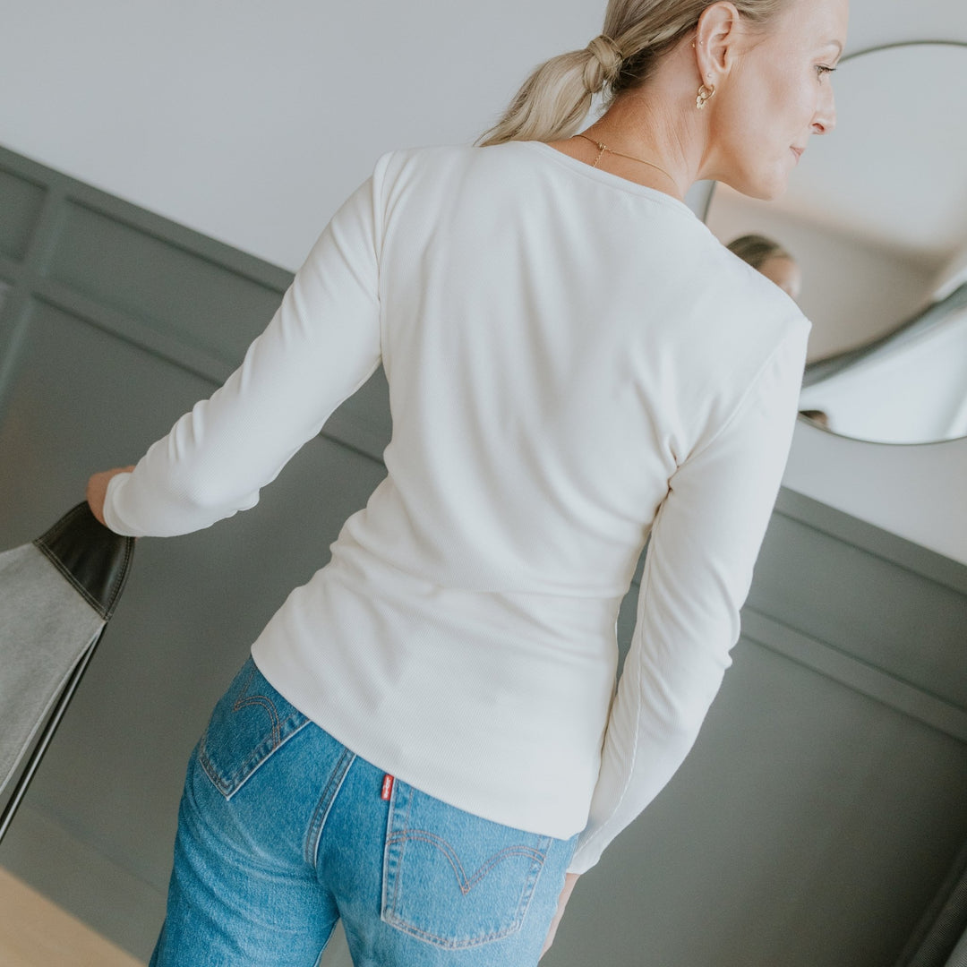 Lina Long Sleeve Ribbed Top - Pearl