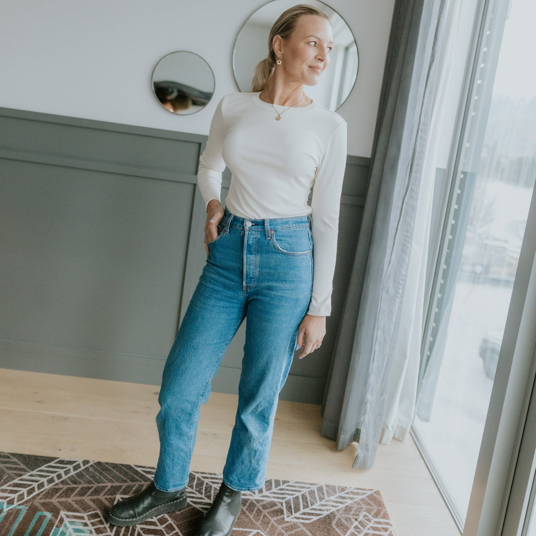 Lina Long Sleeve Ribbed Top - Pearl