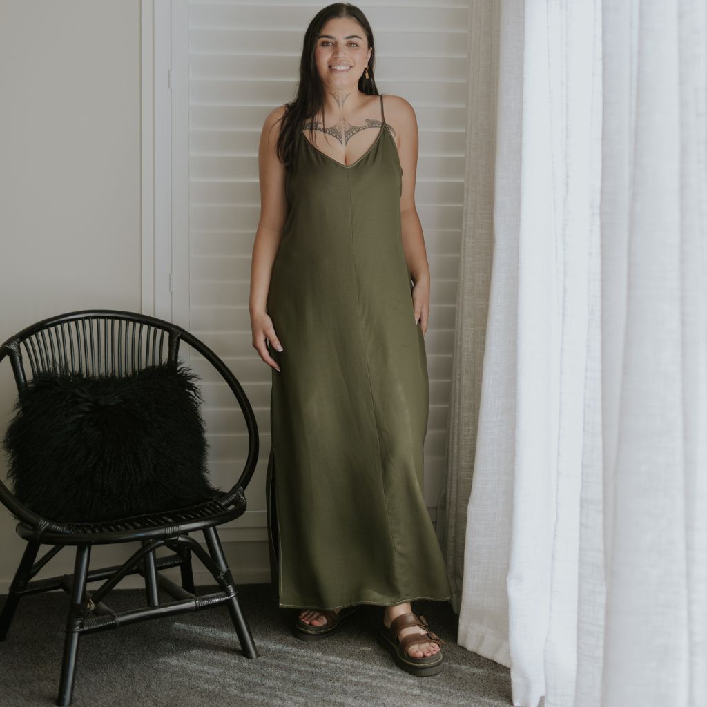 Lydia Slip Dress Lightweight, Flattering Summer Dress | Bonsai Green Khaki Olive - Moke Apparel Lydia Slip Dress Lightweight, Flattering Summer Dress | Bonsai Green Khaki Olive - Moke Apparel