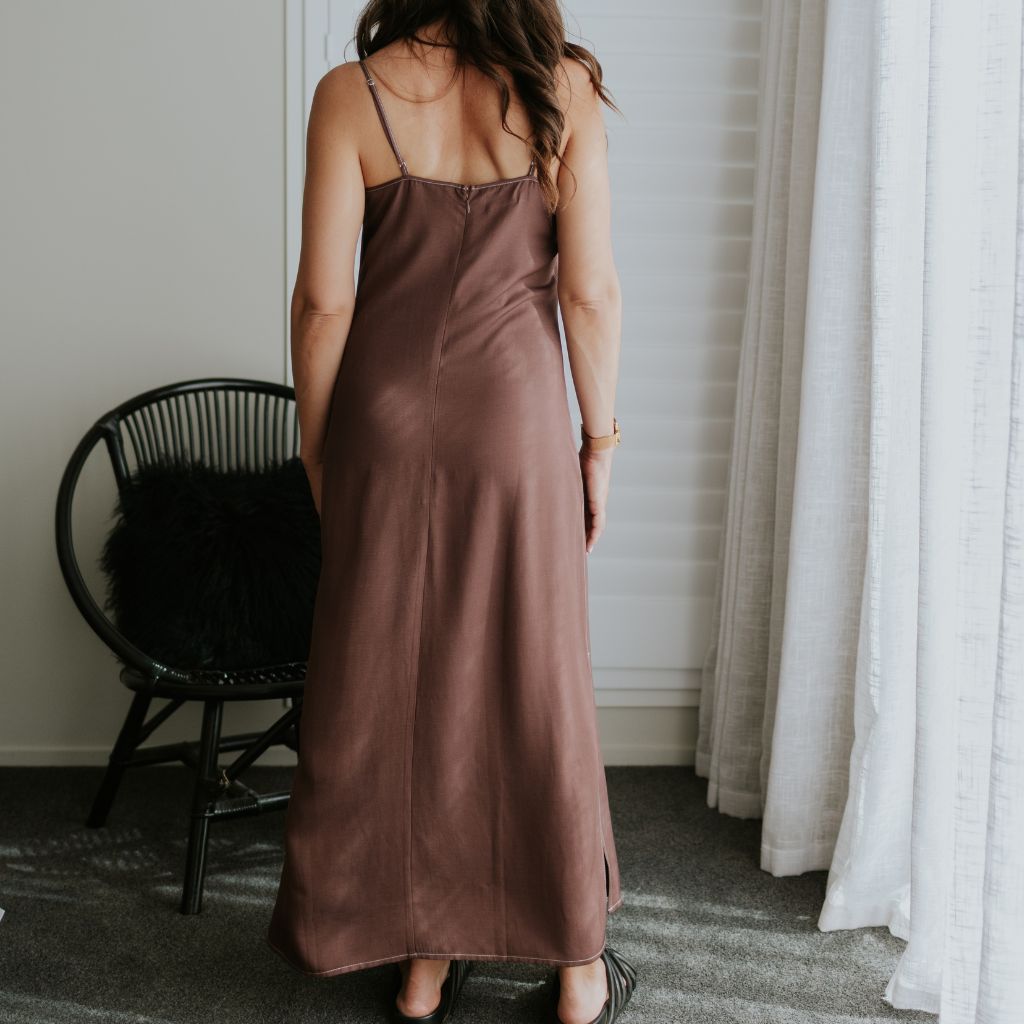 Lydia Slip Dress Lightweight, Flattering Summer Dress | Cocoa - Moke Apparel Lydia Slip Dress Lightweight, Flattering Summer Dress | Cocoa - Moke Apparel