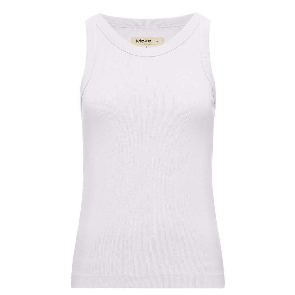 White tank top with 'Moke' brand label on a white background