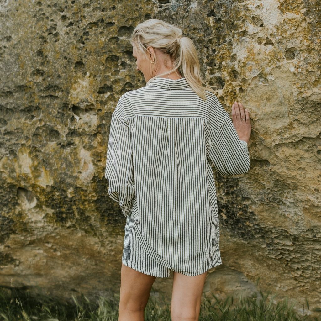 Sassy Women&#39;s Long Sleeve Striped Shirt | Bonsai Green &amp; White