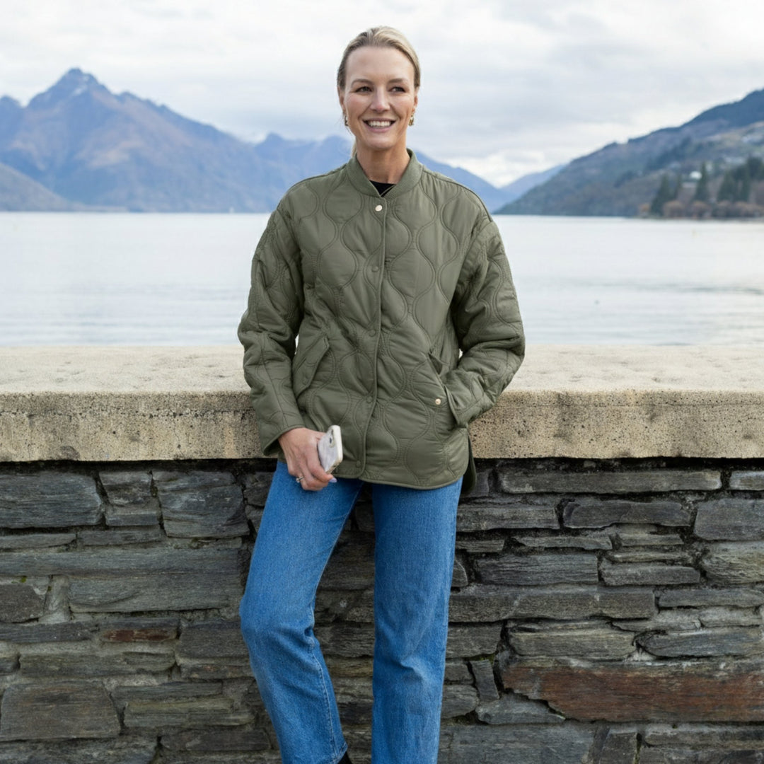 Talei Quilted Bomber Jacket - Olive Green