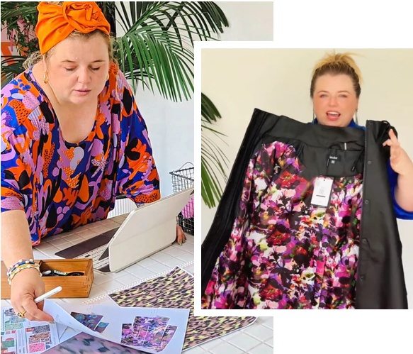 Evie Kemp holding up Moke Jacket with print