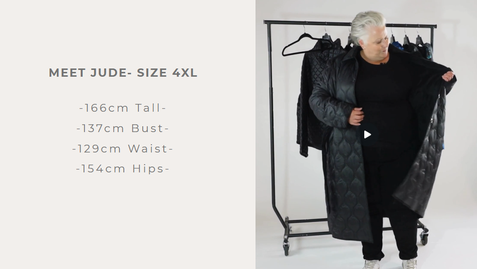 Man wearing a long black coat with text about his measurements on a white background