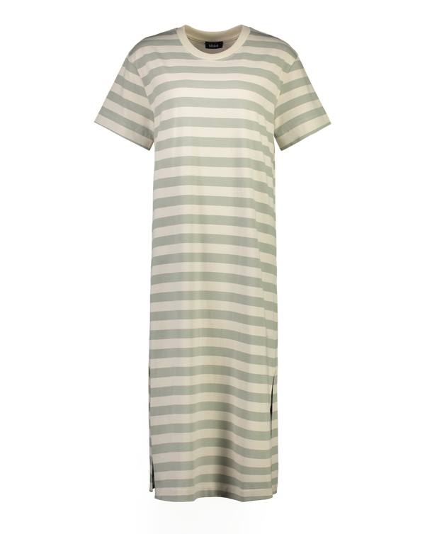 Sally Women's Cotton T-shirt Dress - Oyster/Sage Stripe - Moke Apparel