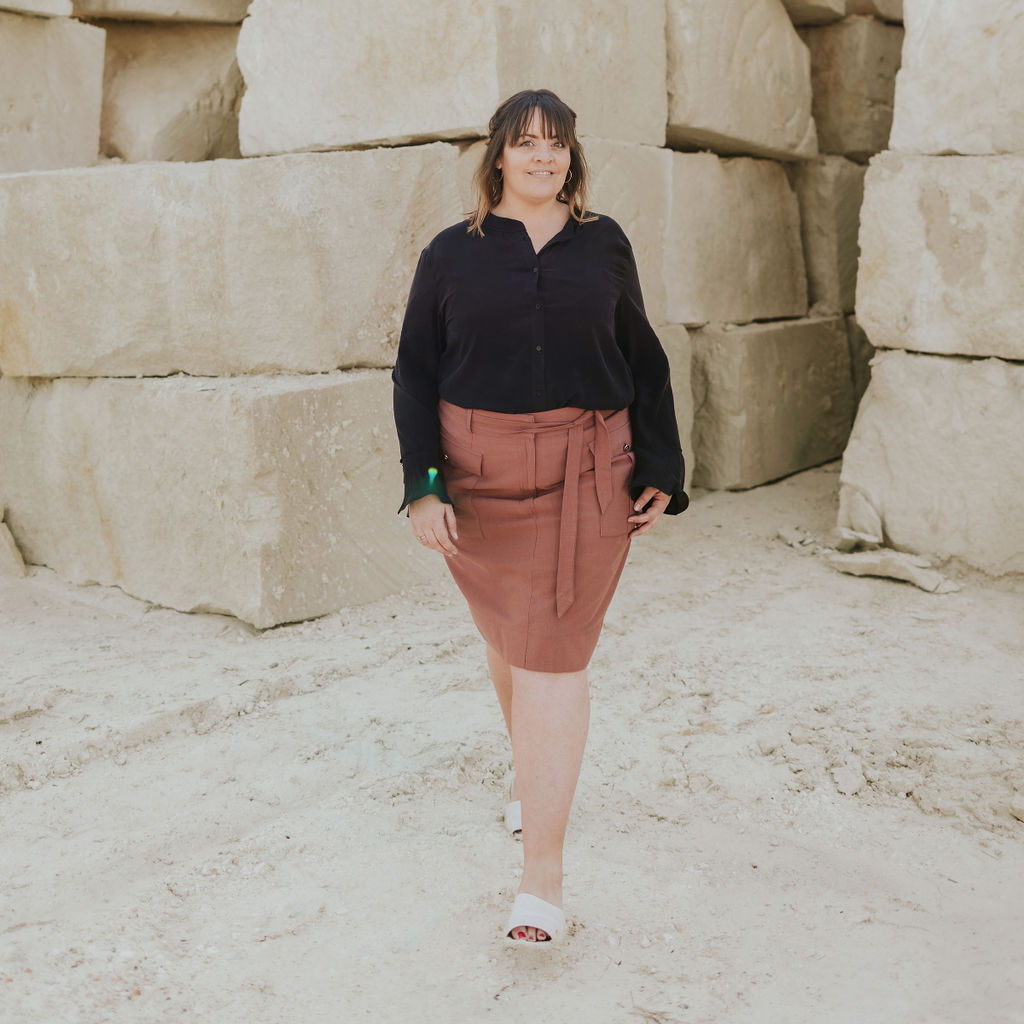 brown mid calf pencil skirt